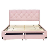 Queen Size Linen Platform Bed Frame with Two Drawers