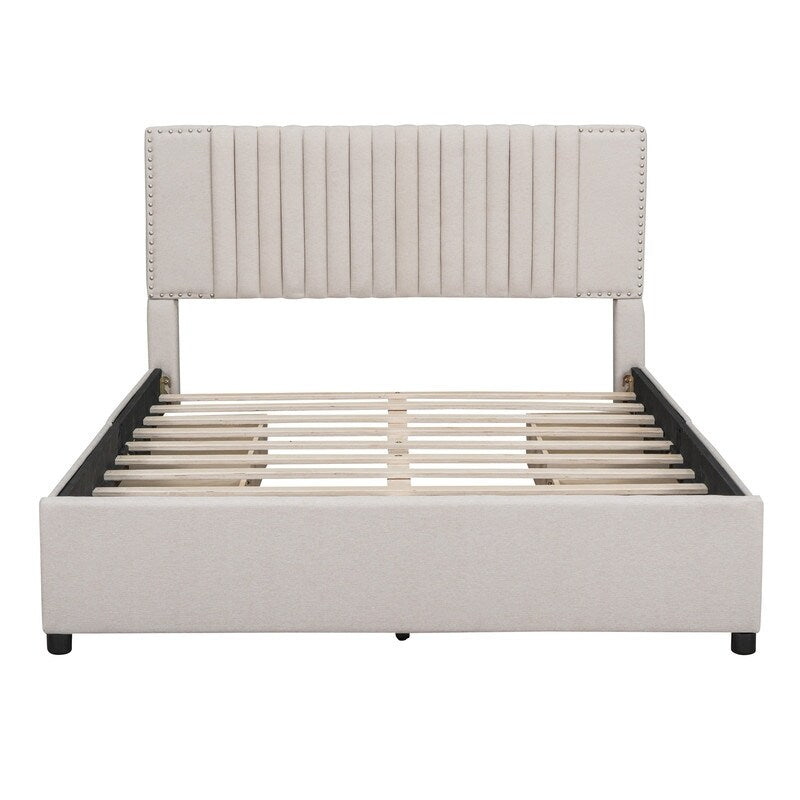Queen Size Linen Upholstered Platform Bed Frame with 4 Drawers Beige