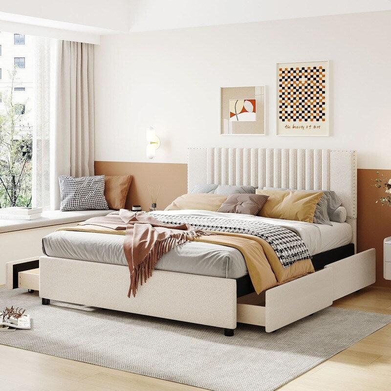 Queen Size Linen Upholstered Platform Bed Frame with 4 Drawers Beige
