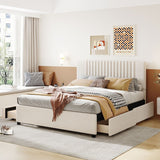Queen Size Linen Upholstered Platform Bed Frame with 4 Drawers Beige