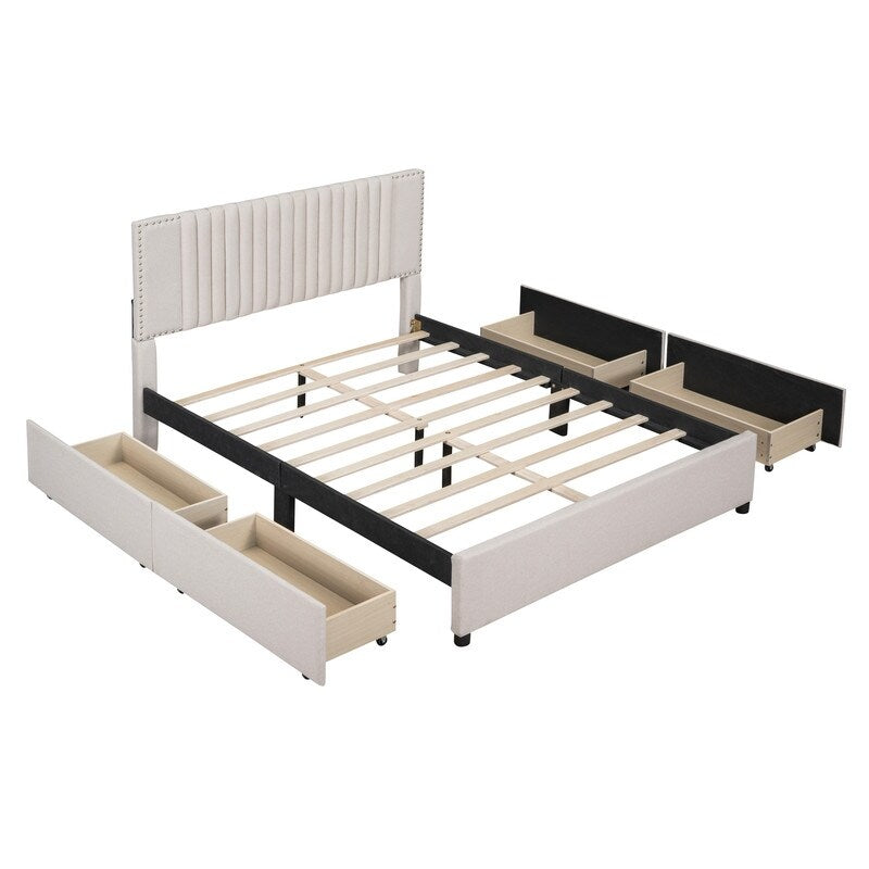 Queen Size Linen Upholstered Platform Bed Frame with 4 Drawers Beige