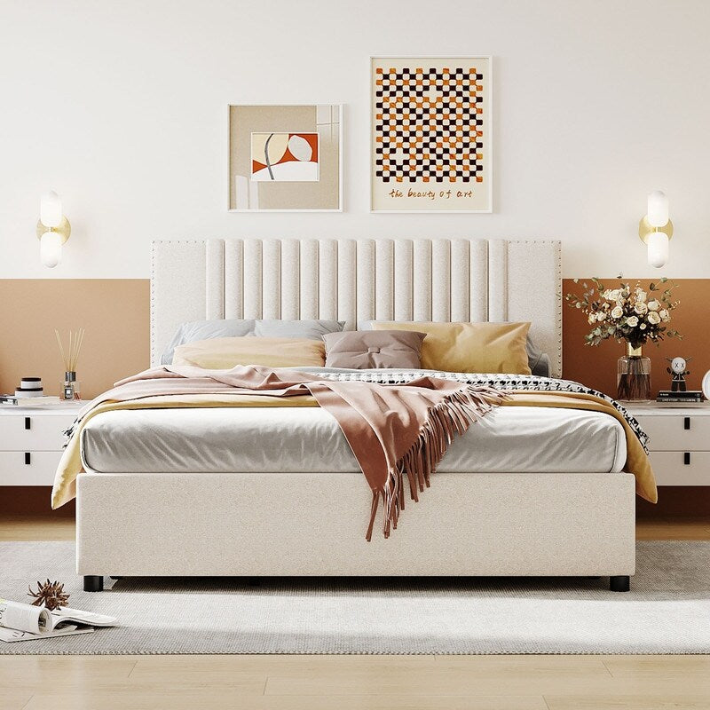 Queen Size Linen Upholstered Platform Bed Frame with 4 Drawers Beige