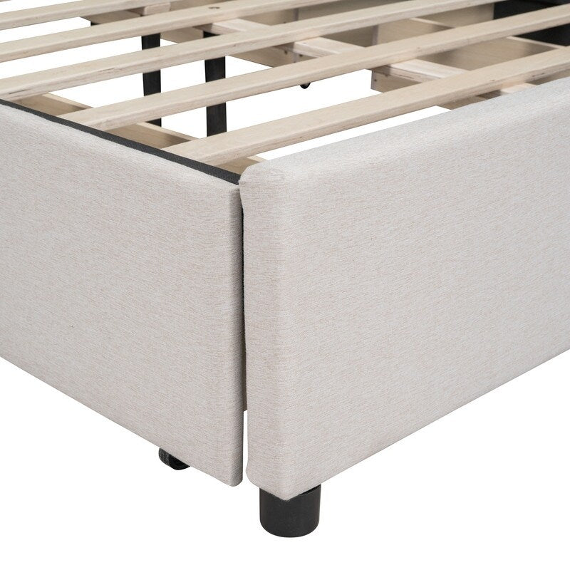 Queen Size Linen Upholstered Platform Bed Frame with 4 Drawers Beige