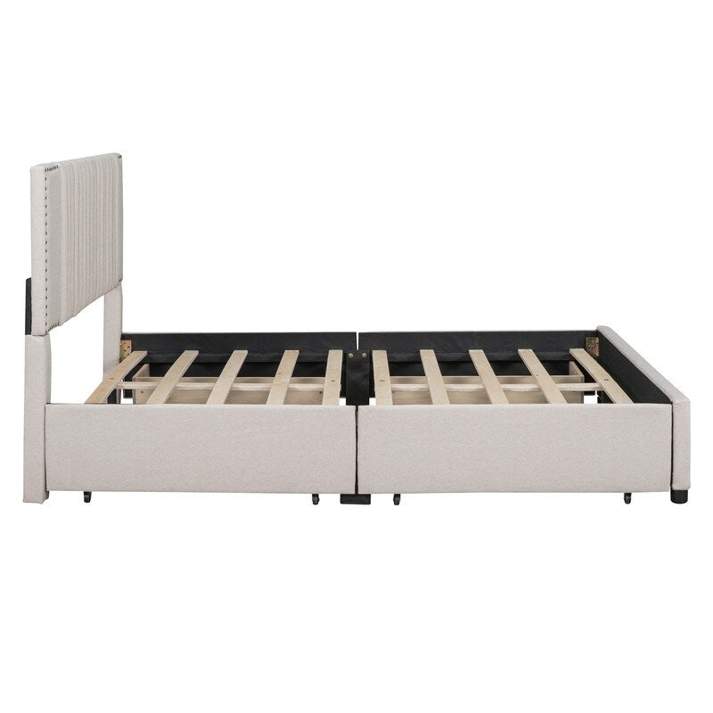 Queen Size Linen Upholstered Platform Bed Frame with 4 Drawers Beige