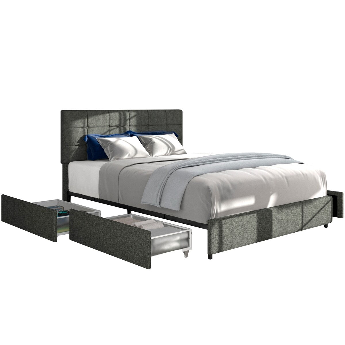 Queen Size Linen Upholstered Platform Bed with Patented 4 Drawers Storage, Square Stitched Button Tufted Headboard