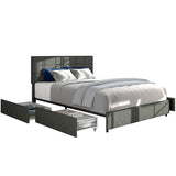 Queen Size Linen Upholstered Platform Bed with Patented 4 Drawers Storage, Square Stitched Button Tufted Headboard