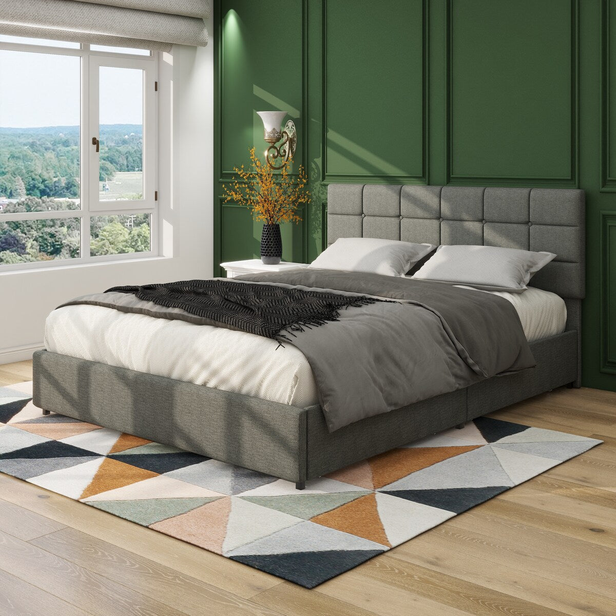 Queen Size Linen Upholstered Platform Bed with Patented 4 Drawers Storage, Square Stitched Button Tufted Headboard
