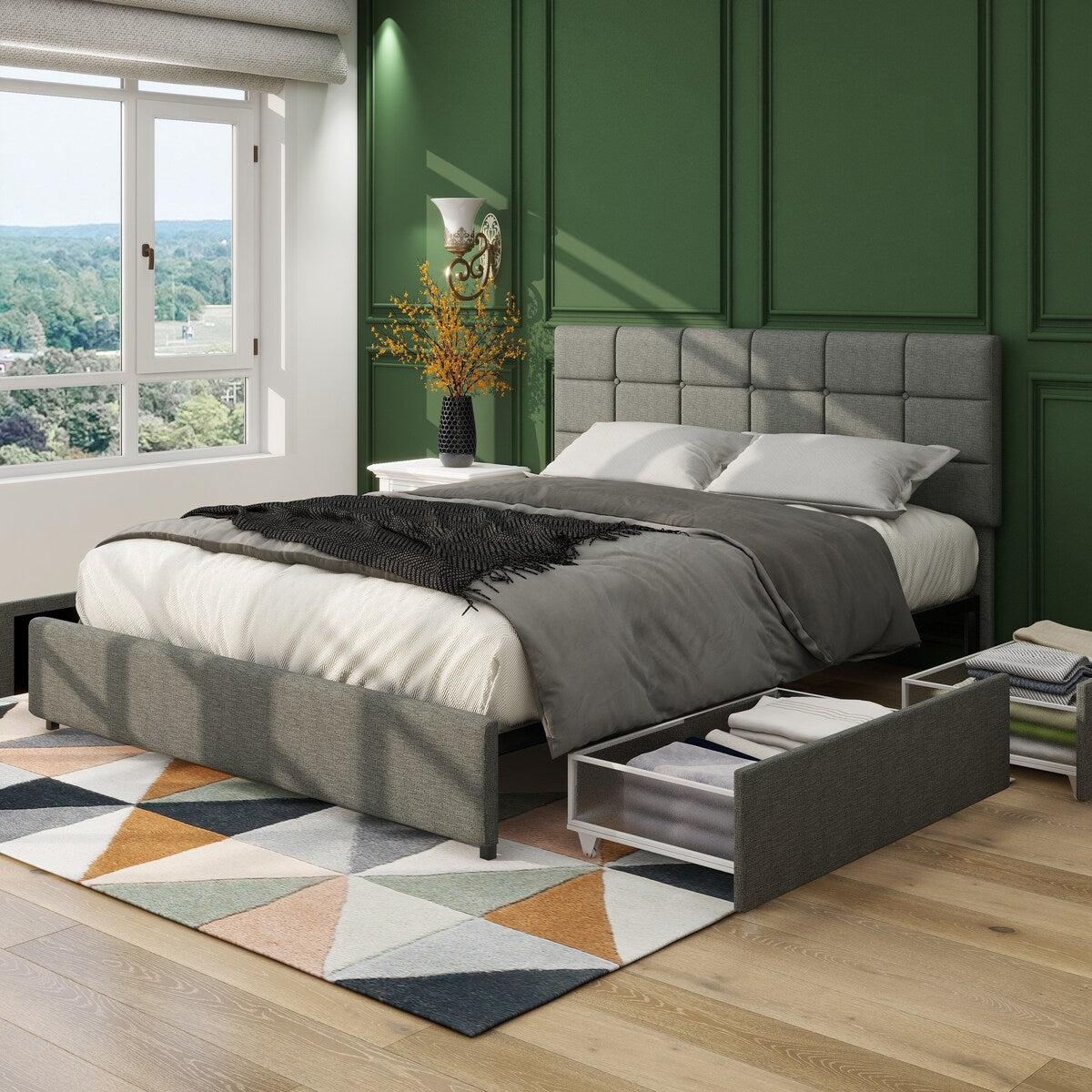 Queen Size Linen Upholstered Platform Bed with Patented 4 Drawers Storage, Square Stitched Button Tufted Headboard