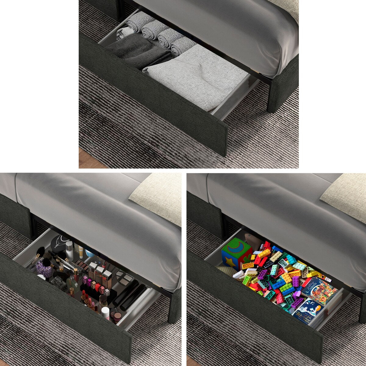 Queen Size Linen Upholstered Platform Bed with Patented 4 Drawers Storage, Square Stitched Button Tufted Headboard