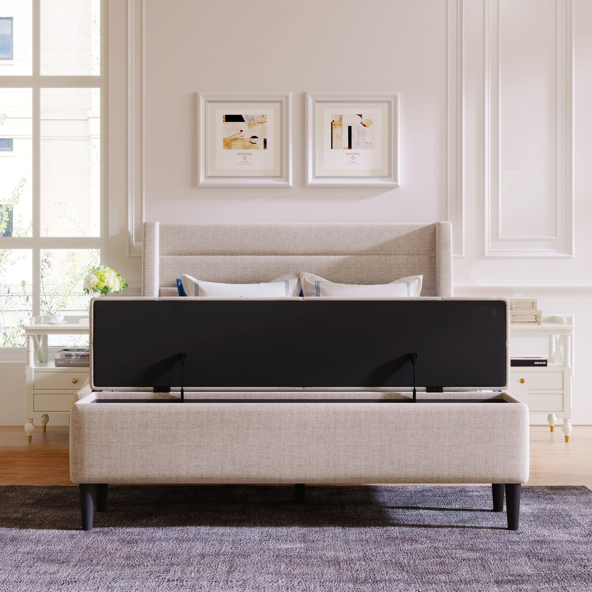 Queen Size Linen Upholstered Storage Platform Bed with Storage Ottoman Bench and Curved Wingback Headboard
