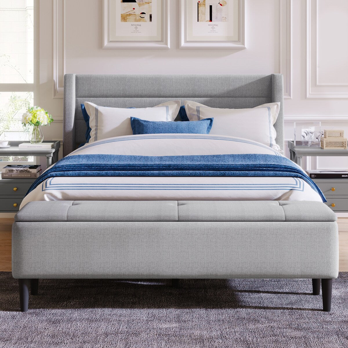 Queen Size Linen Upholstered Storage Platform Bed with Storage Ottoman Bench and Curved Wingback Headboard