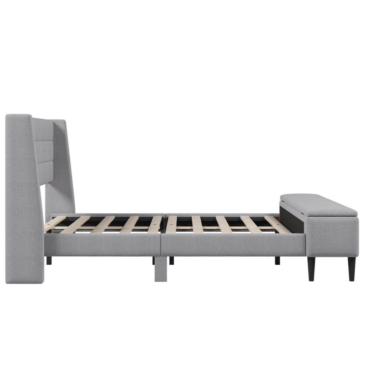 Queen Size Linen Upholstered Storage Platform Bed with Storage Ottoman Bench and Curved Wingback Headboard