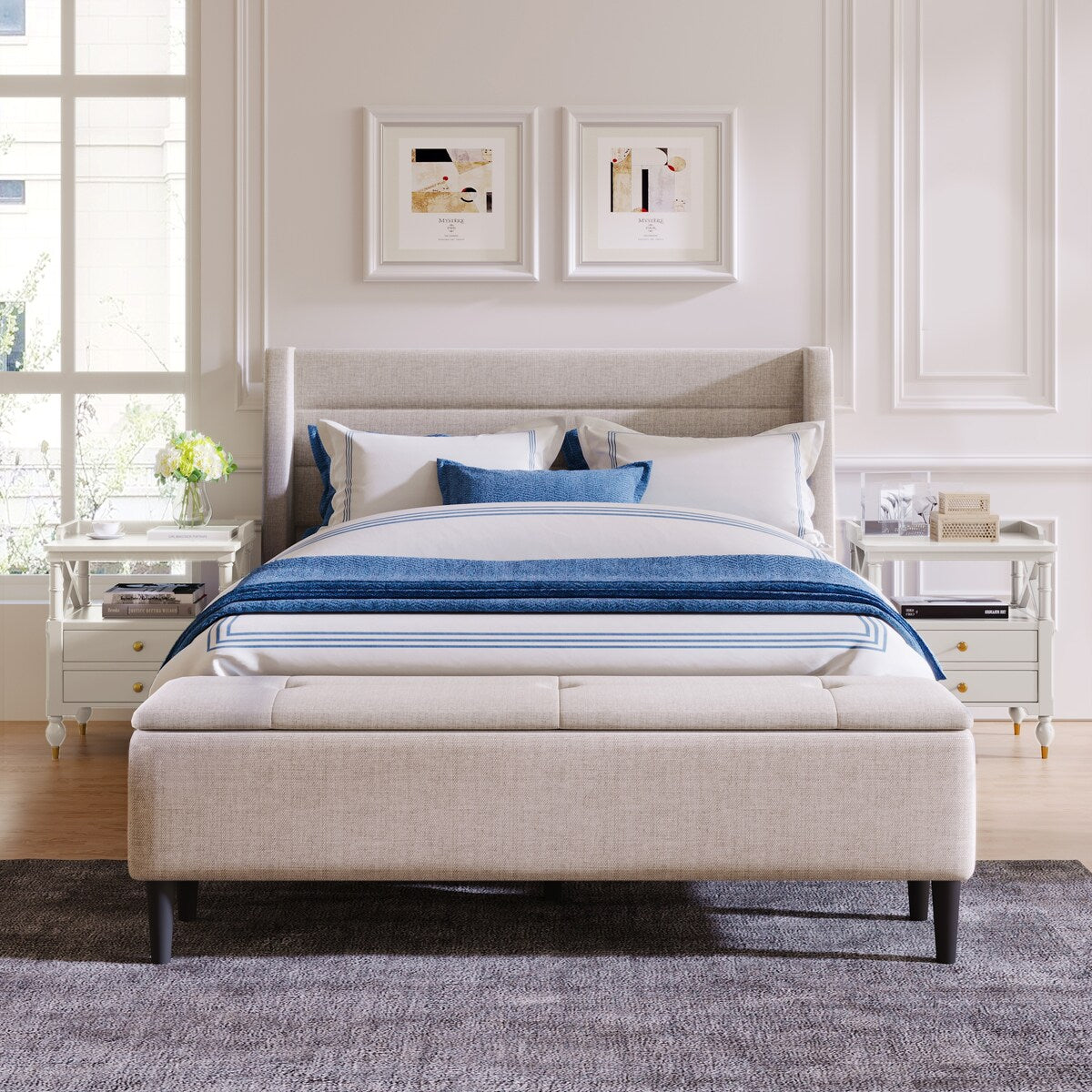 Queen Size Linen Upholstered Storage Platform Bed with Storage Ottoman Bench and Curved Wingback Headboard