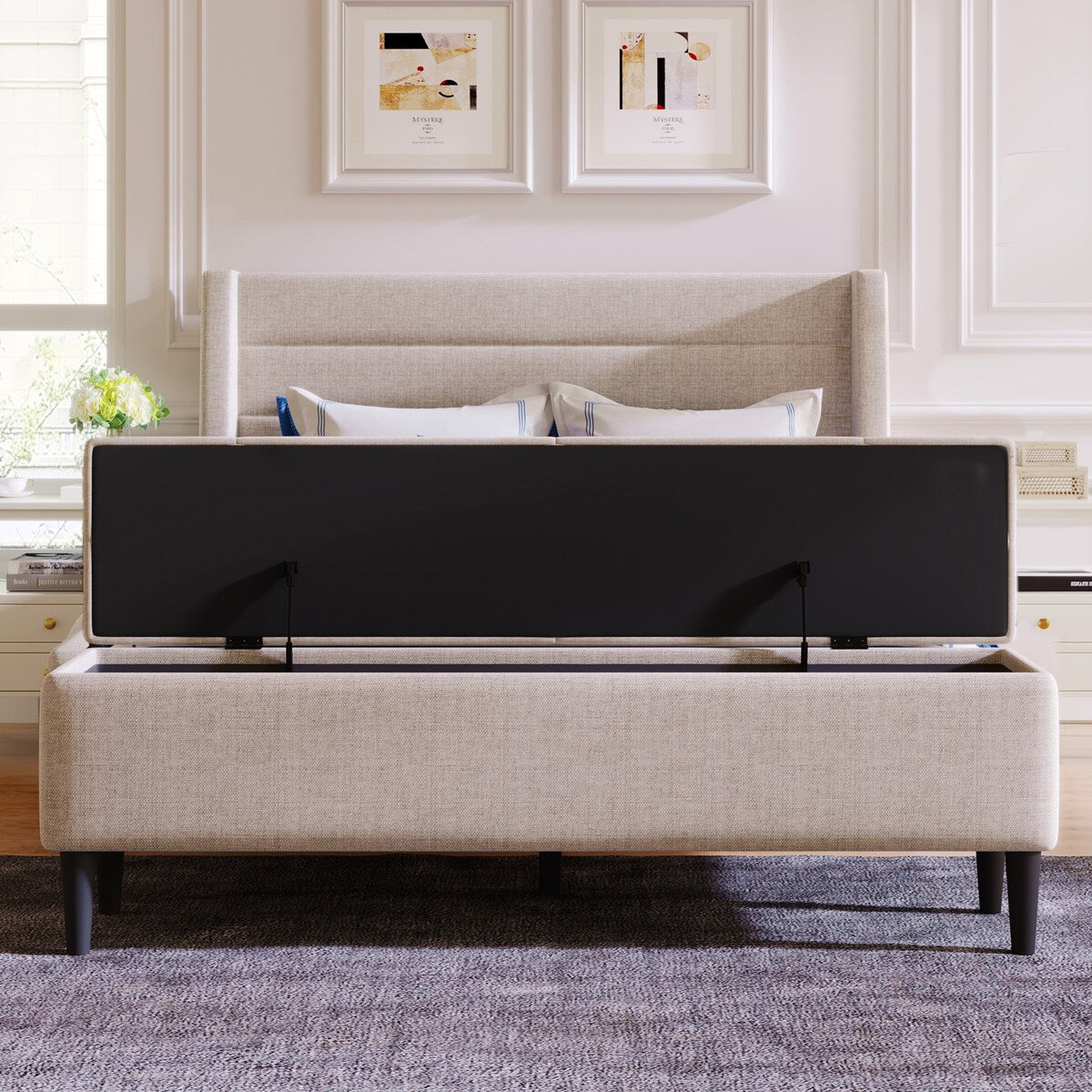 Queen Size Linen Upholstered Storage Platform Bed with Storage Ottoman Bench and Curved Wingback Headboard