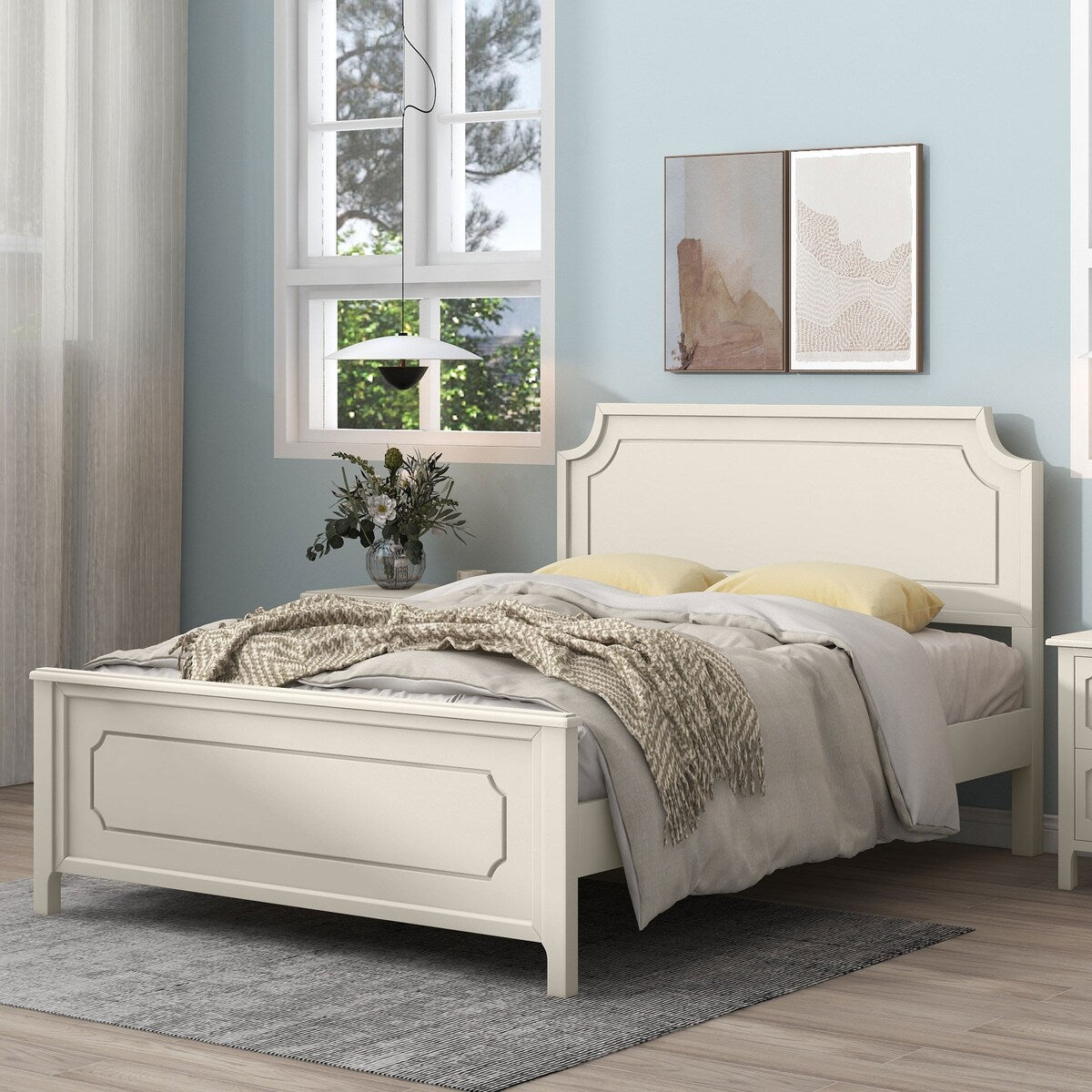 Queen Size Milky White Solid Rubber Wood Platform Bed with Wood Slat Support for Bedroom, No Box Spring Required, White