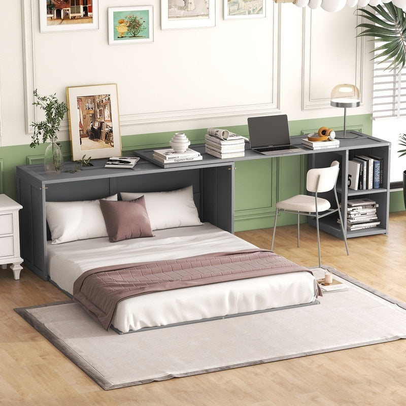 Queen Size Mobile Murphy Cube Cabinet Bed with Rotable Desk, Solid Woo