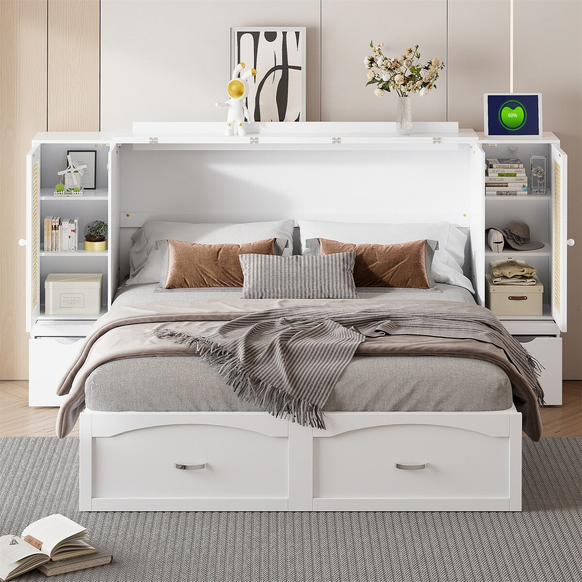 Queen Size Murphy Bed Wall Bed with One Set of Sockets & USB Ports