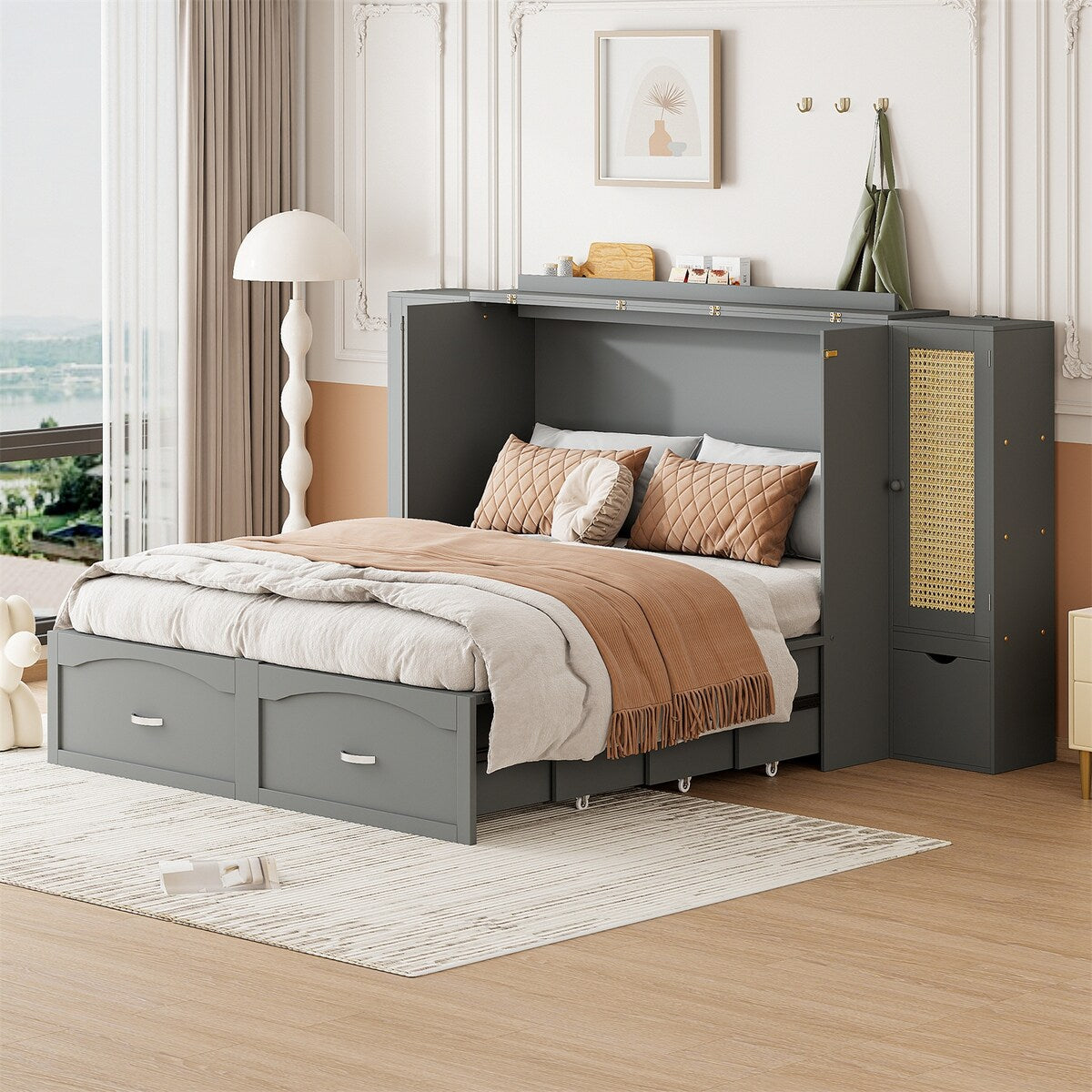 Queen Size Murphy Bed Wall Bed with One Set of Sockets & USB Ports
