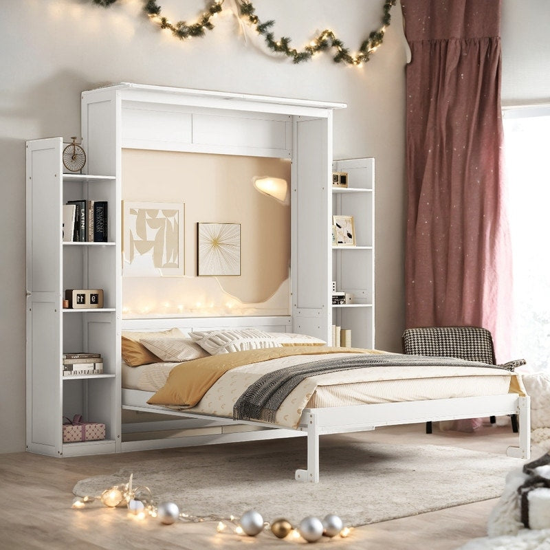 Queen Size Murphy Bed Wall Bed with Shelves and LED Lights