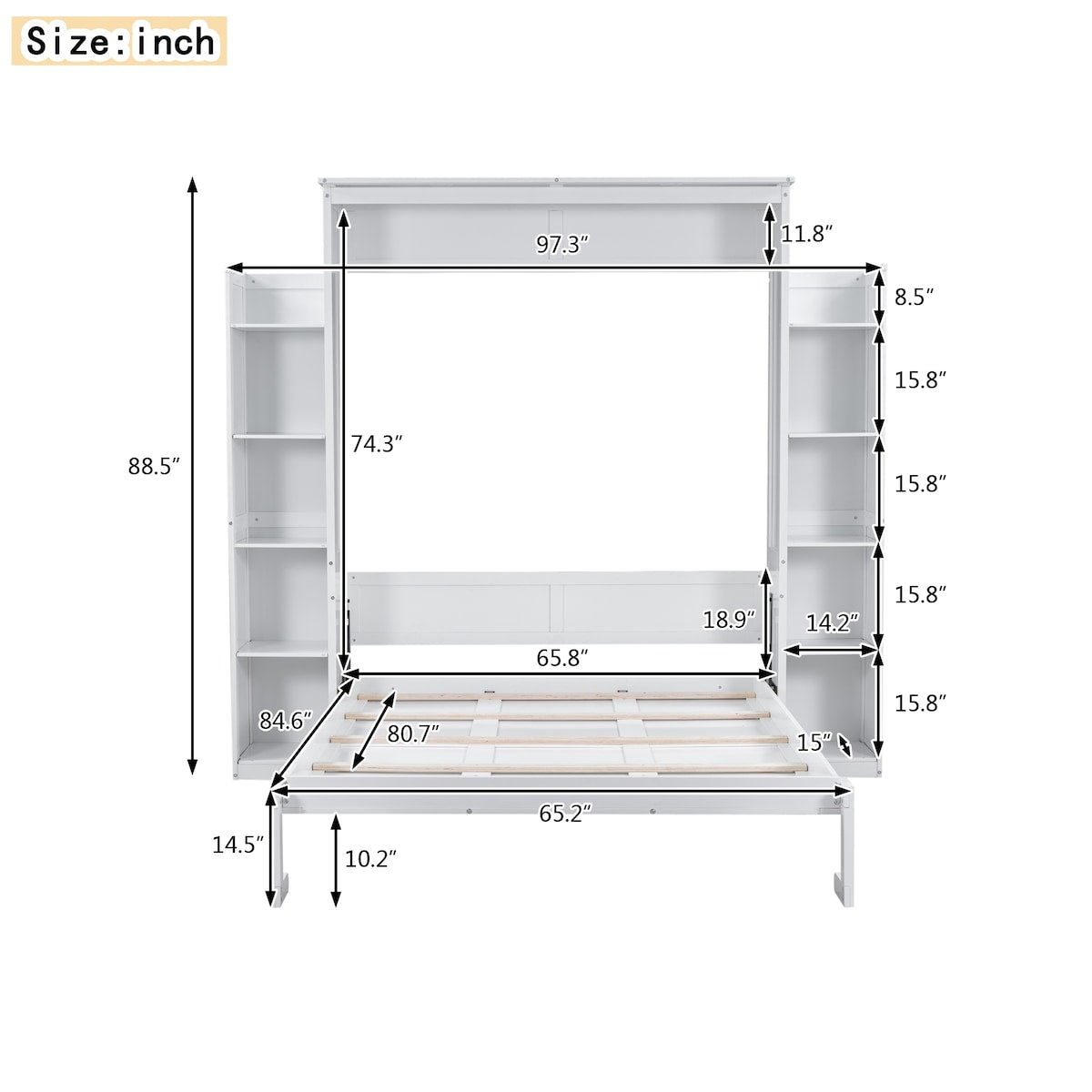 Queen Size Murphy Bed Wall Bed with Shelves and LED Lights