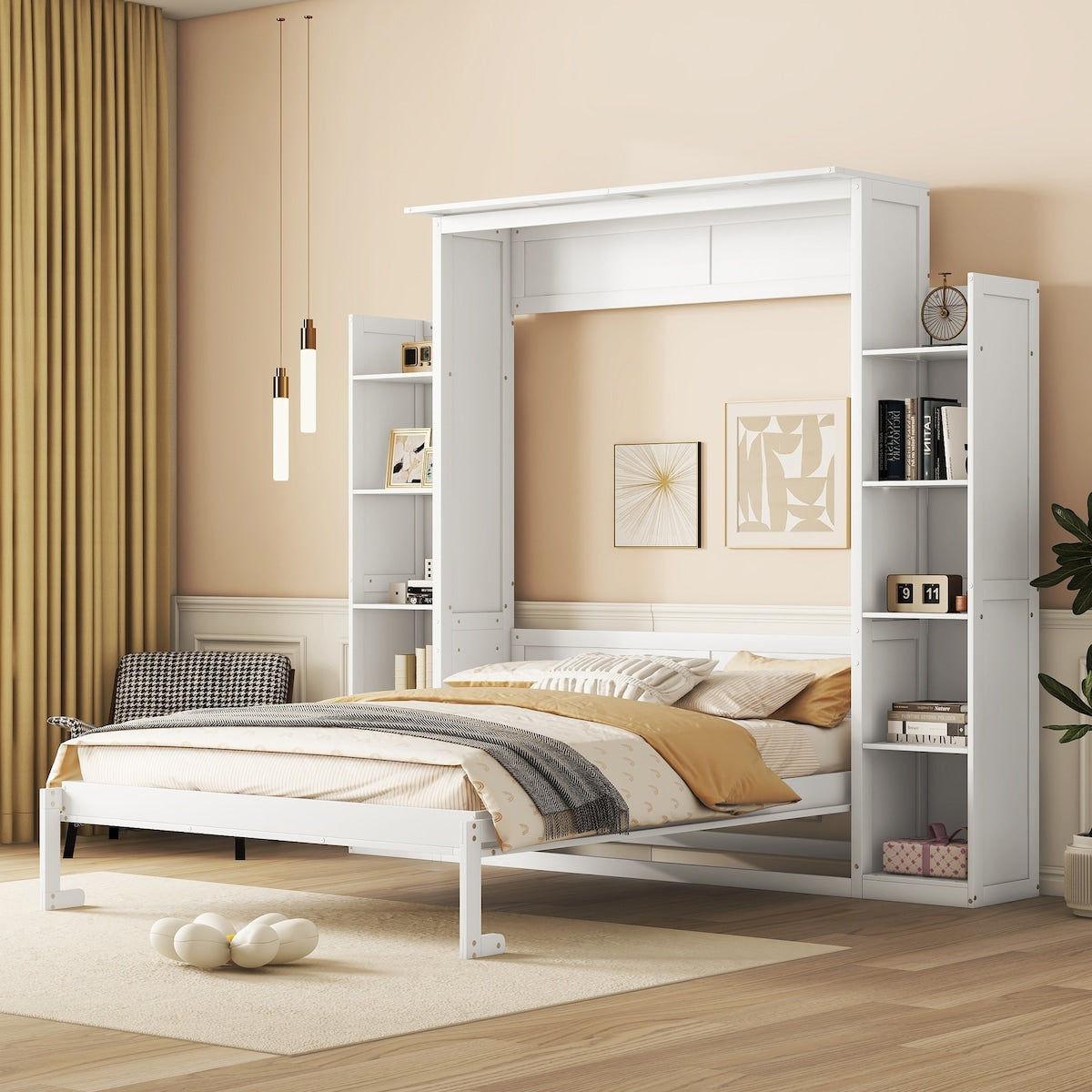 Queen Size Murphy Bed Wall Bed with Shelves and LED Lights