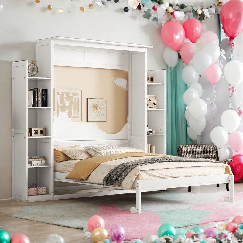 Queen Size Murphy Bed Wall Bed with Shelves and LED Lights
