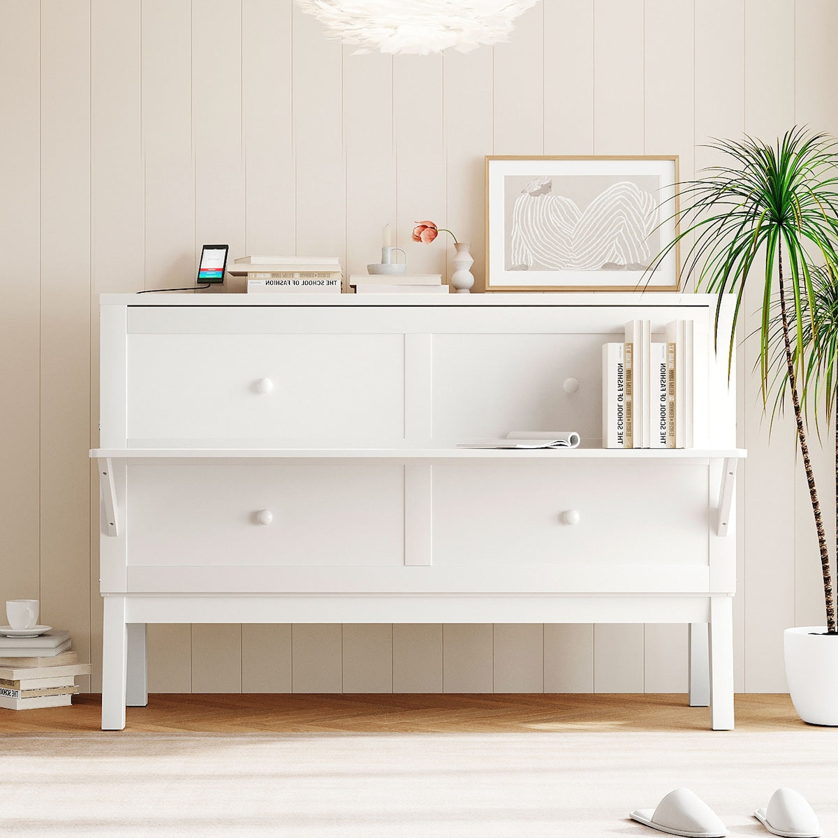 Queen Size Murphy Bed with USB Port and removable Shelves on Each Side