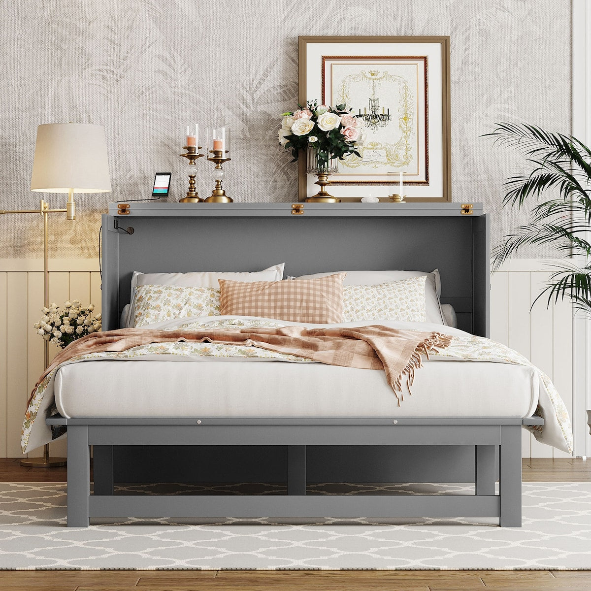 Queen Size Murphy Bed with USB Port and removable Shelves on Each Side