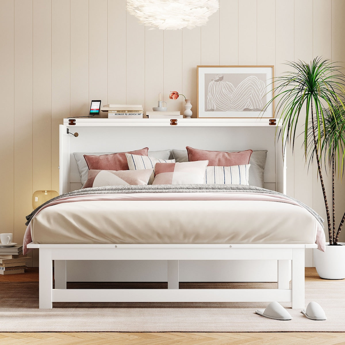 Queen Size Murphy Bed with USB Port and removable Shelves on Each Side