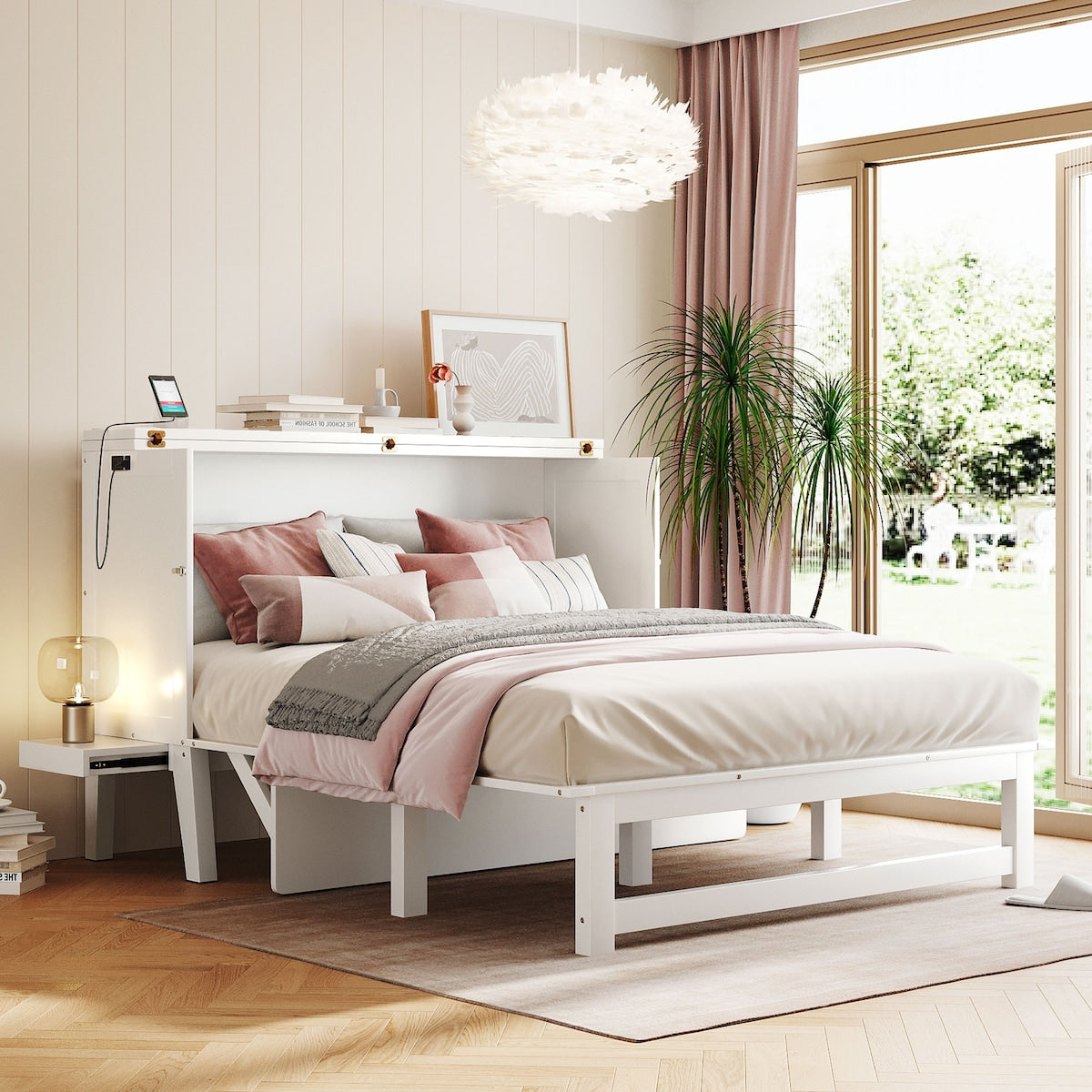 Queen Size Murphy Bed with USB Port and removable Shelves on Each Side