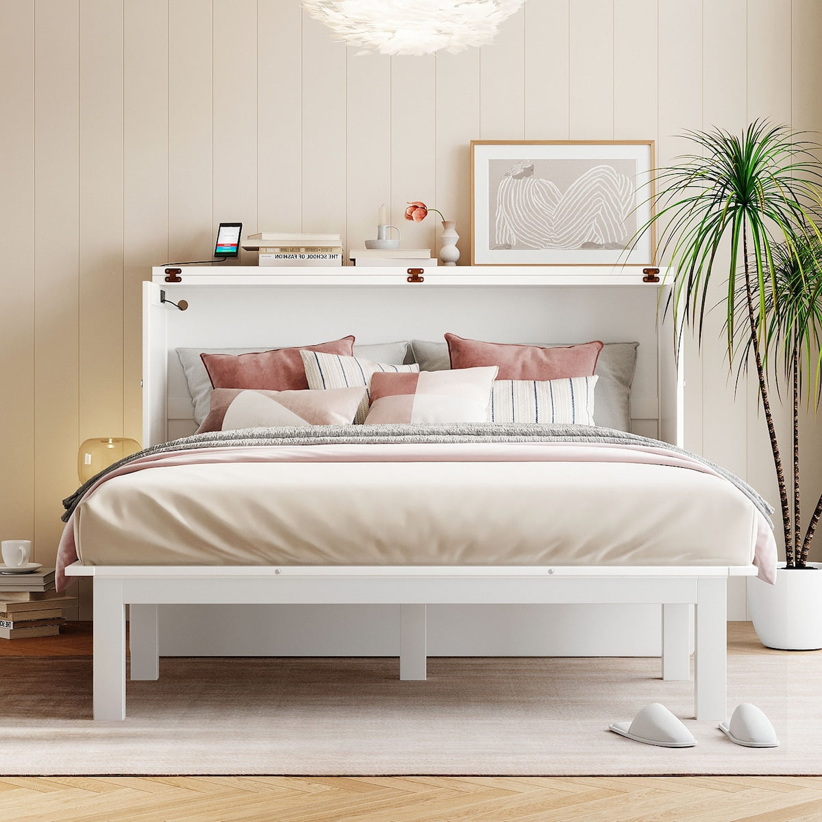 Queen Size Murphy Bed with USB Port and removable Shelves