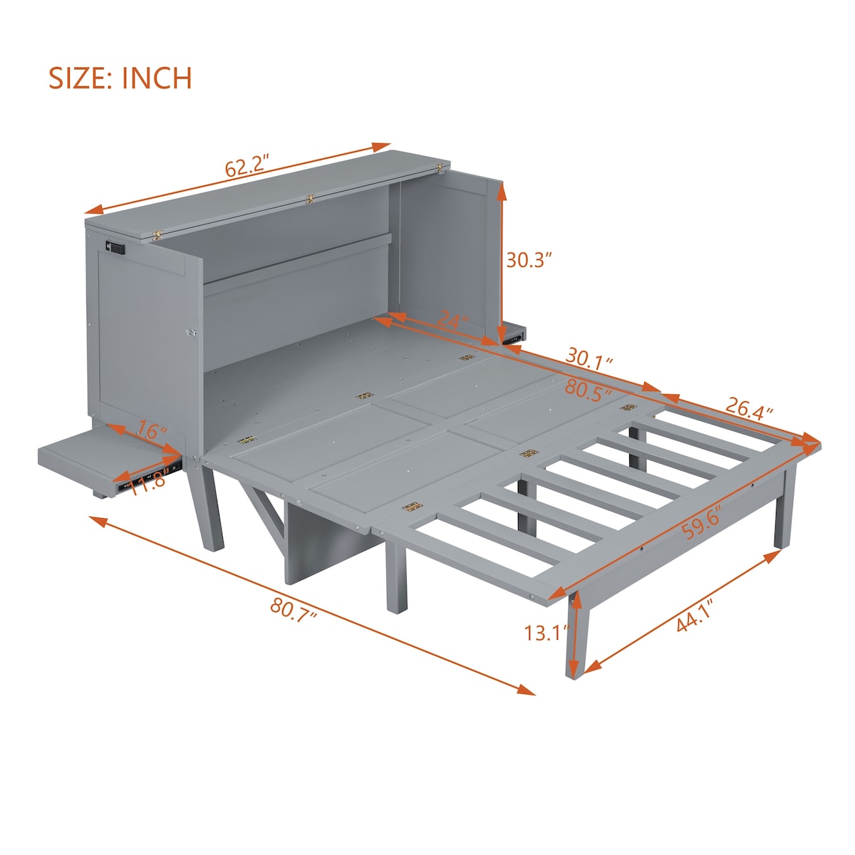 Queen Size Murphy Bed with USB Port and removable Shelves