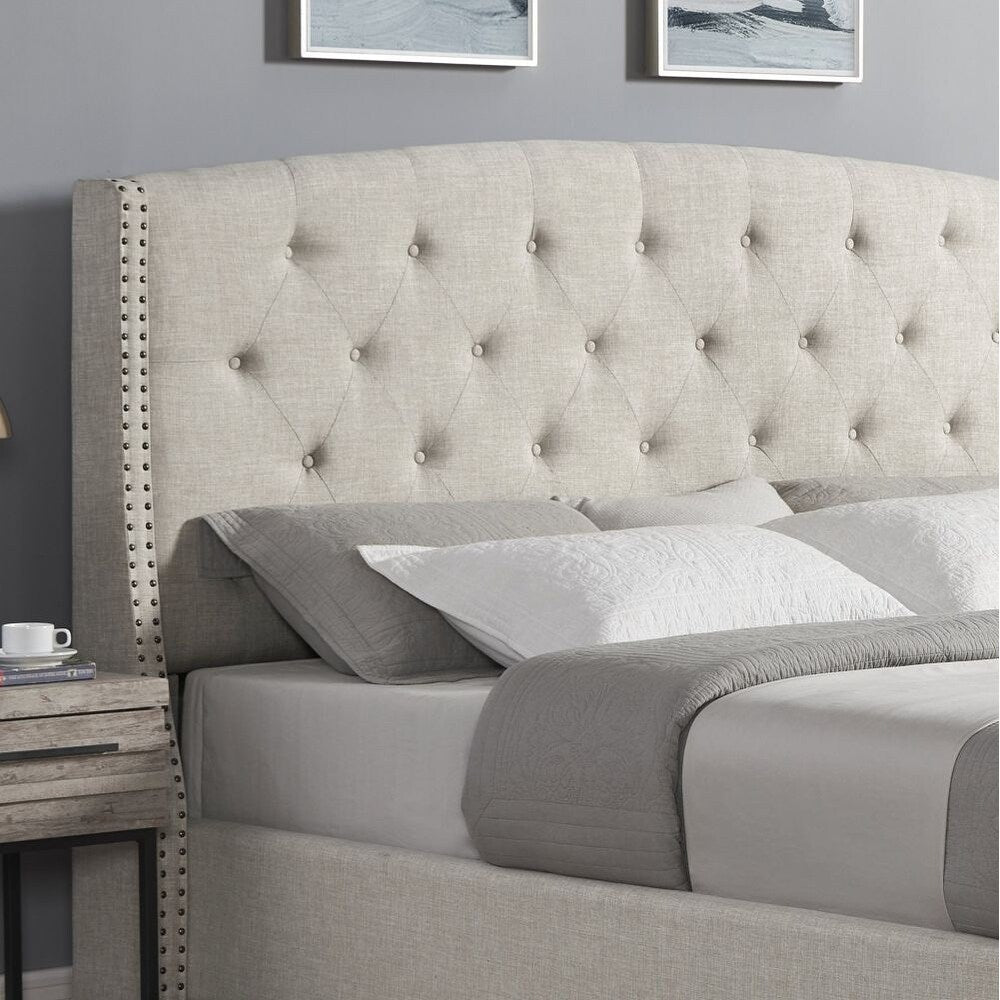 Queen Size Nantarre Fabric Button Tufted Wingback Upholstered Bed with Nail Head Trim, Beige