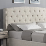 Queen Size Nantarre Fabric Button Tufted Wingback Upholstered Bed with Nail Head Trim, Beige
