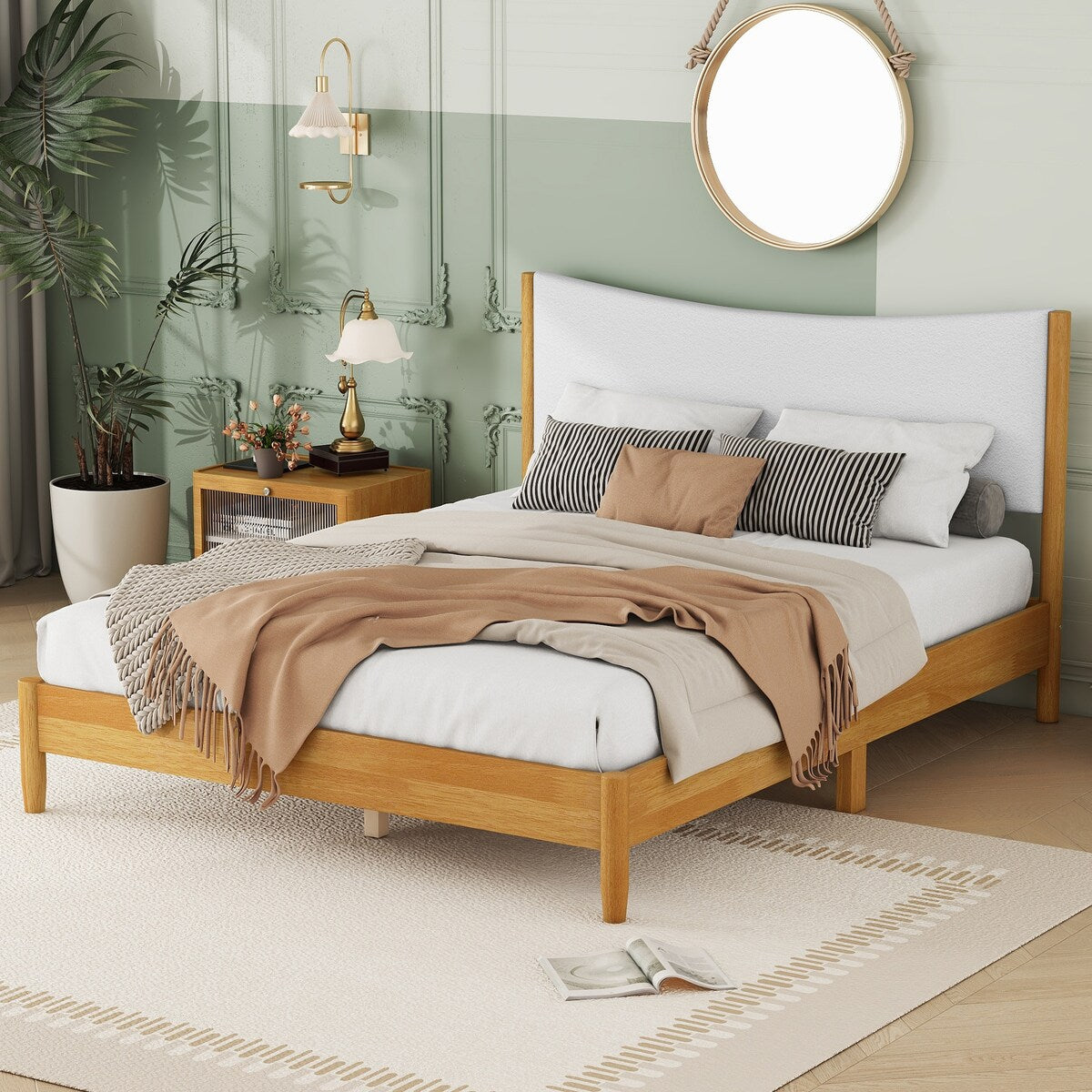 Queen Size Natural Wooden Bed with Teddy Velvet Cushion Upholstered Headboard