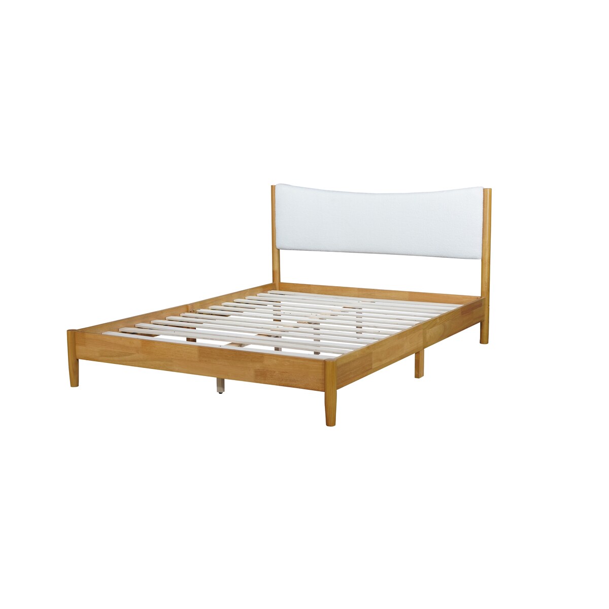 Queen Size Natural Wooden Bed with Teddy Velvet Cushion Upholstered Headboard