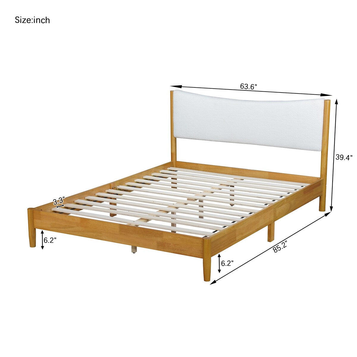 Queen Size Natural Wooden Bed with Teddy Velvet Cushion Upholstered Headboard