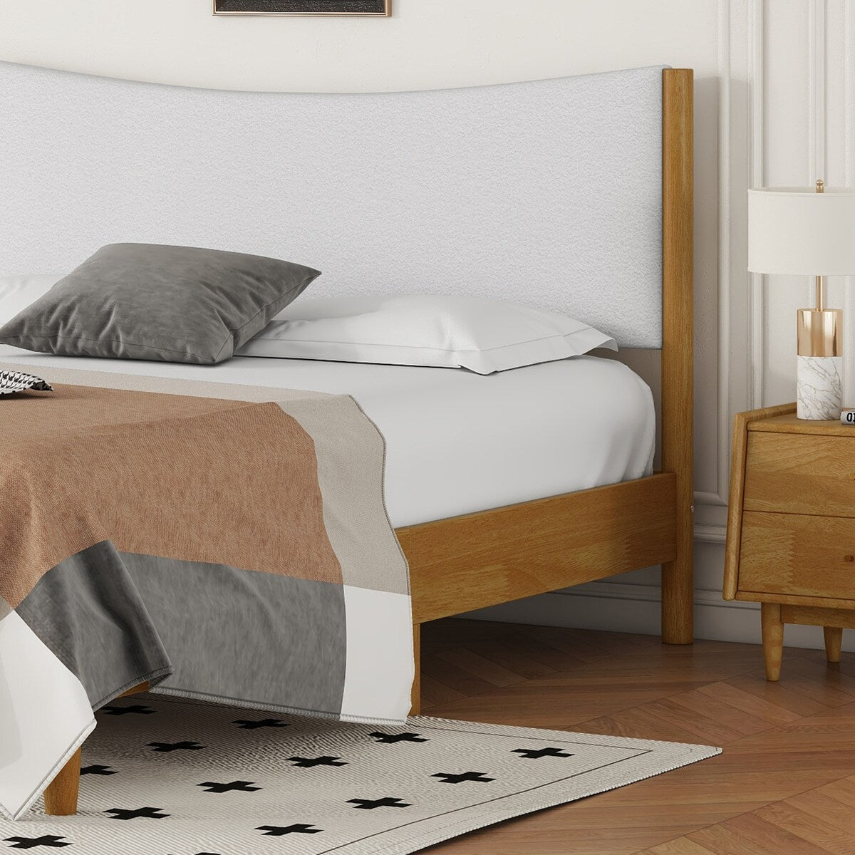Queen Size Natural Wooden Bed with Teddy Velvet Cushion Upholstered Headboard