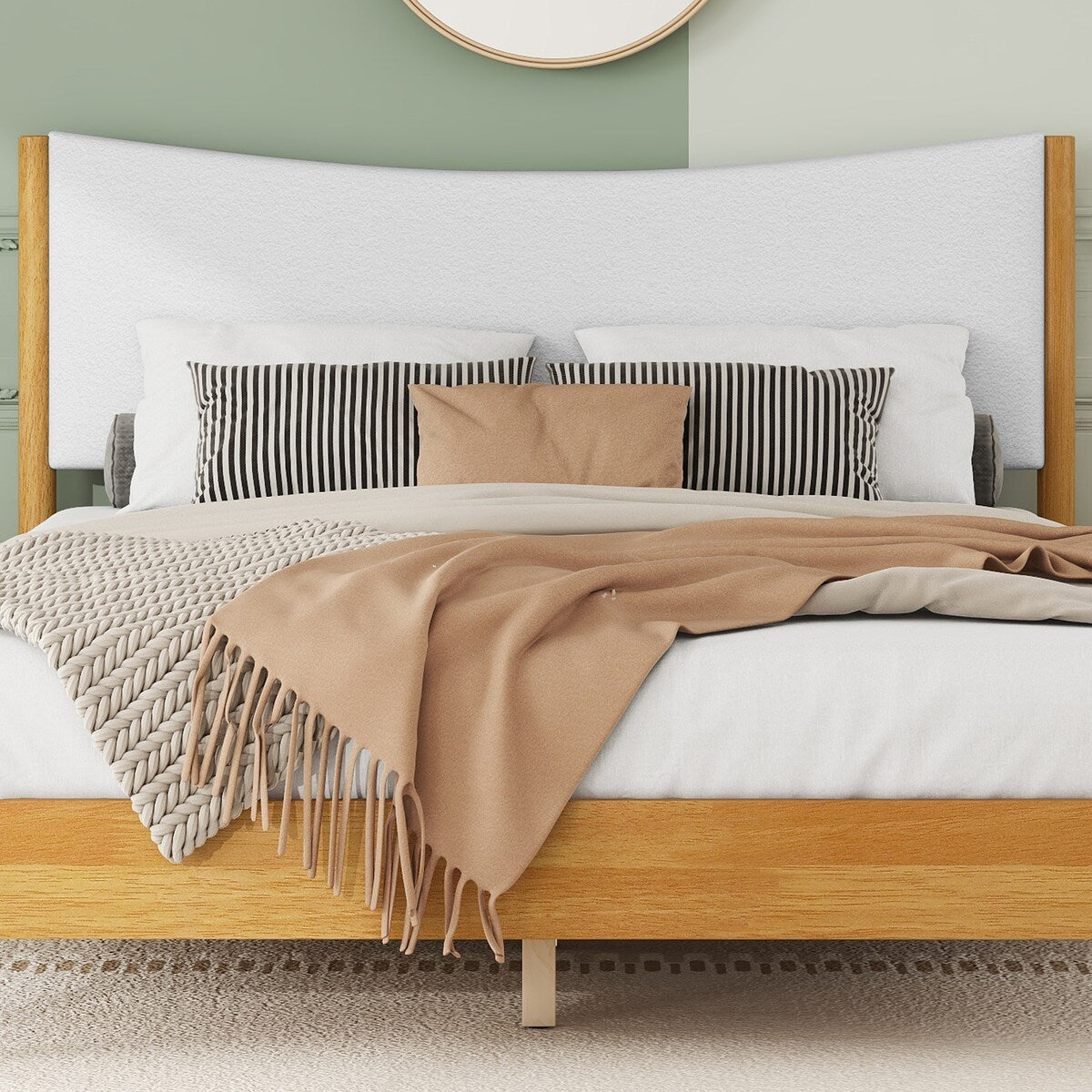 Queen Size Natural Wooden Bed with Teddy Velvet Cushion Upholstered Headboard
