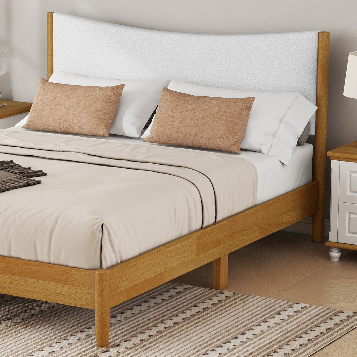 Queen Size Natural Wooden Bed with Teddy Velvet Cushion Upholstered Headboard