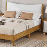 Queen Size Natural Wooden Bed with Teddy Velvet Cushion Upholstered Headboard