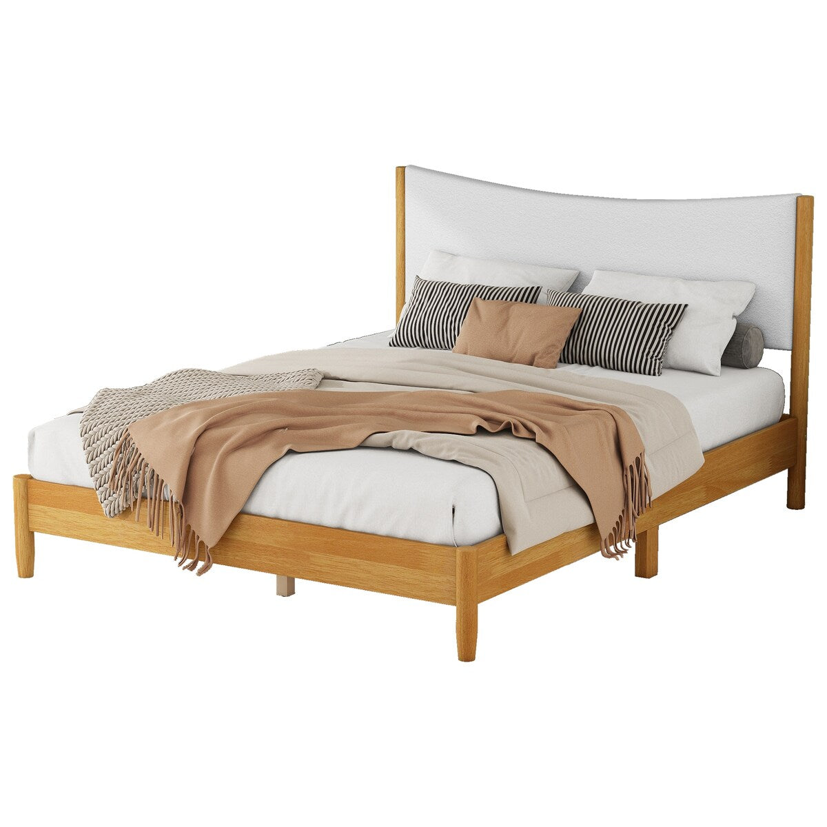 Queen Size Natural Wooden Bed with Teddy Velvet Cushion Upholstered Headboard