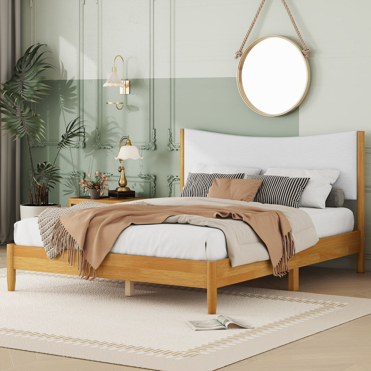 Queen Size Natural Wooden Bed with Teddy Velvet Cushion Upholstered Headboard