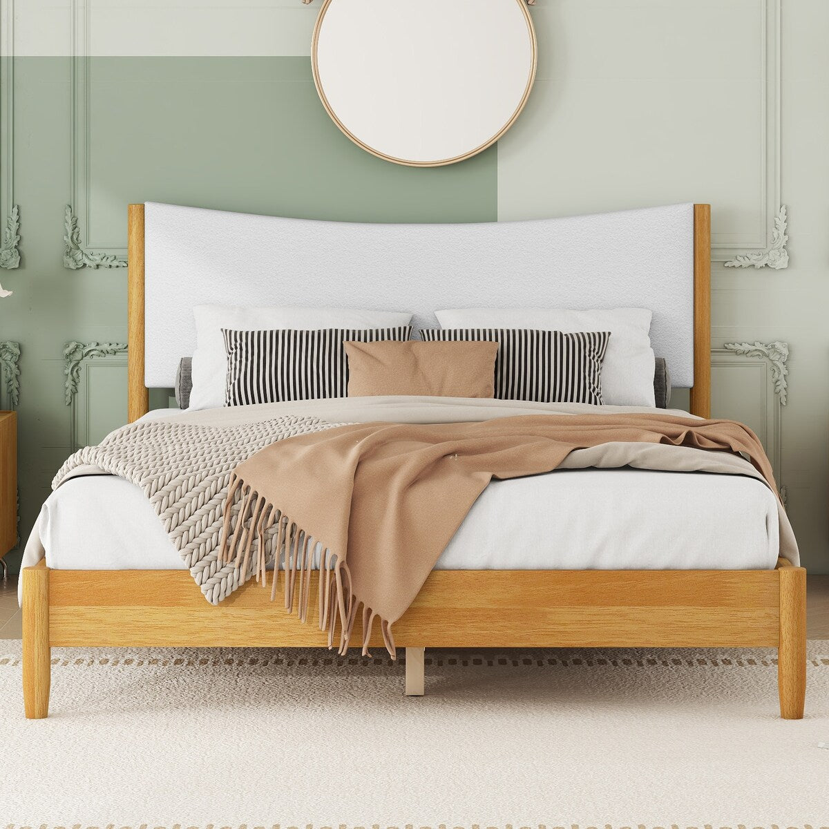 Queen Size Natural Wooden Bed with Teddy Velvet Cushion Upholstered Headboard