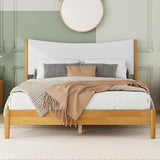Queen Size Natural Wooden Bed with Teddy Velvet Cushion Upholstered Headboard