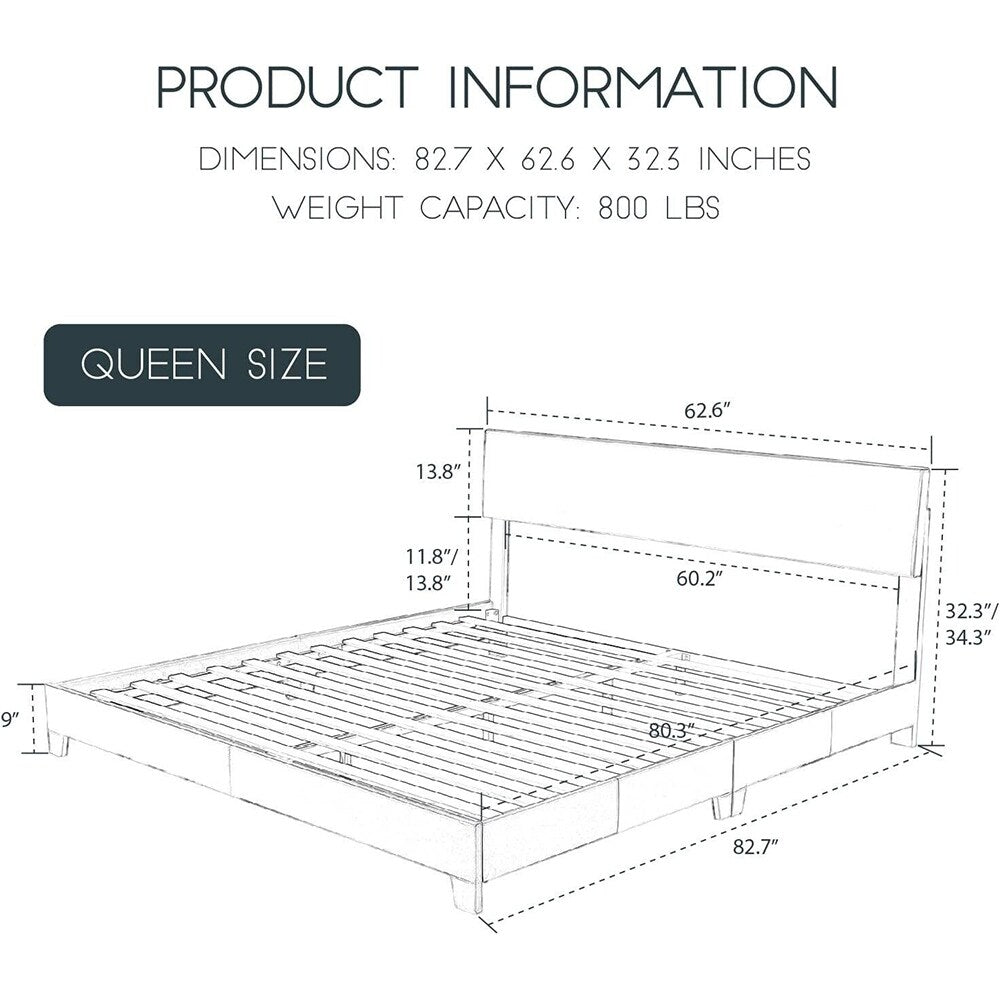 Queen Size Platform Bed Frame with Adjustable Headboard, Light Grey