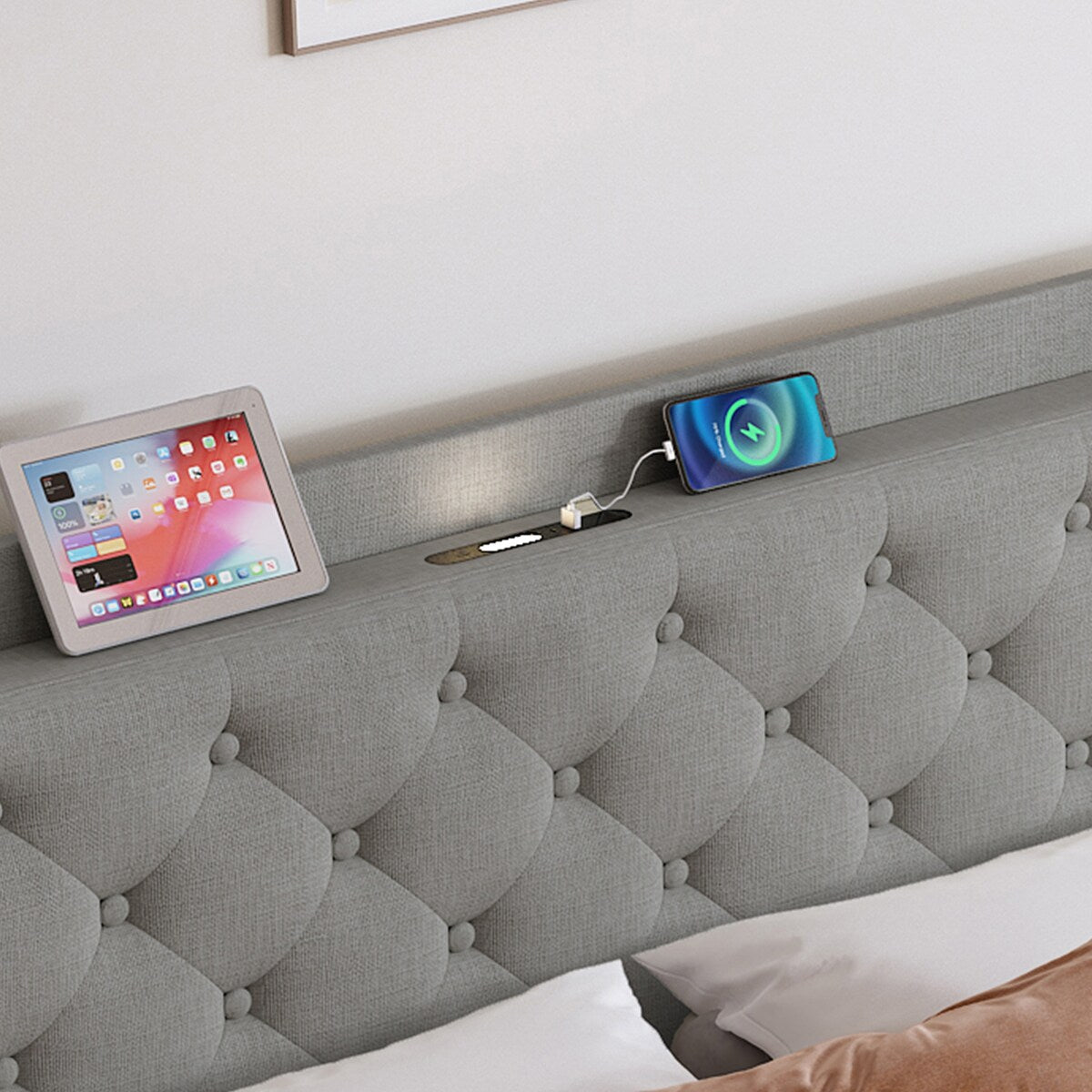 Queen Size Platform Bed With LED Lights,Cotton and Linen Fabric