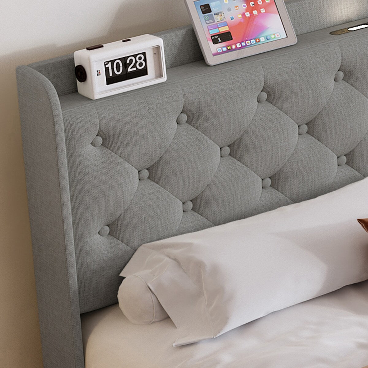 Queen Size Platform Bed With LED Lights,Cotton and Linen Fabric