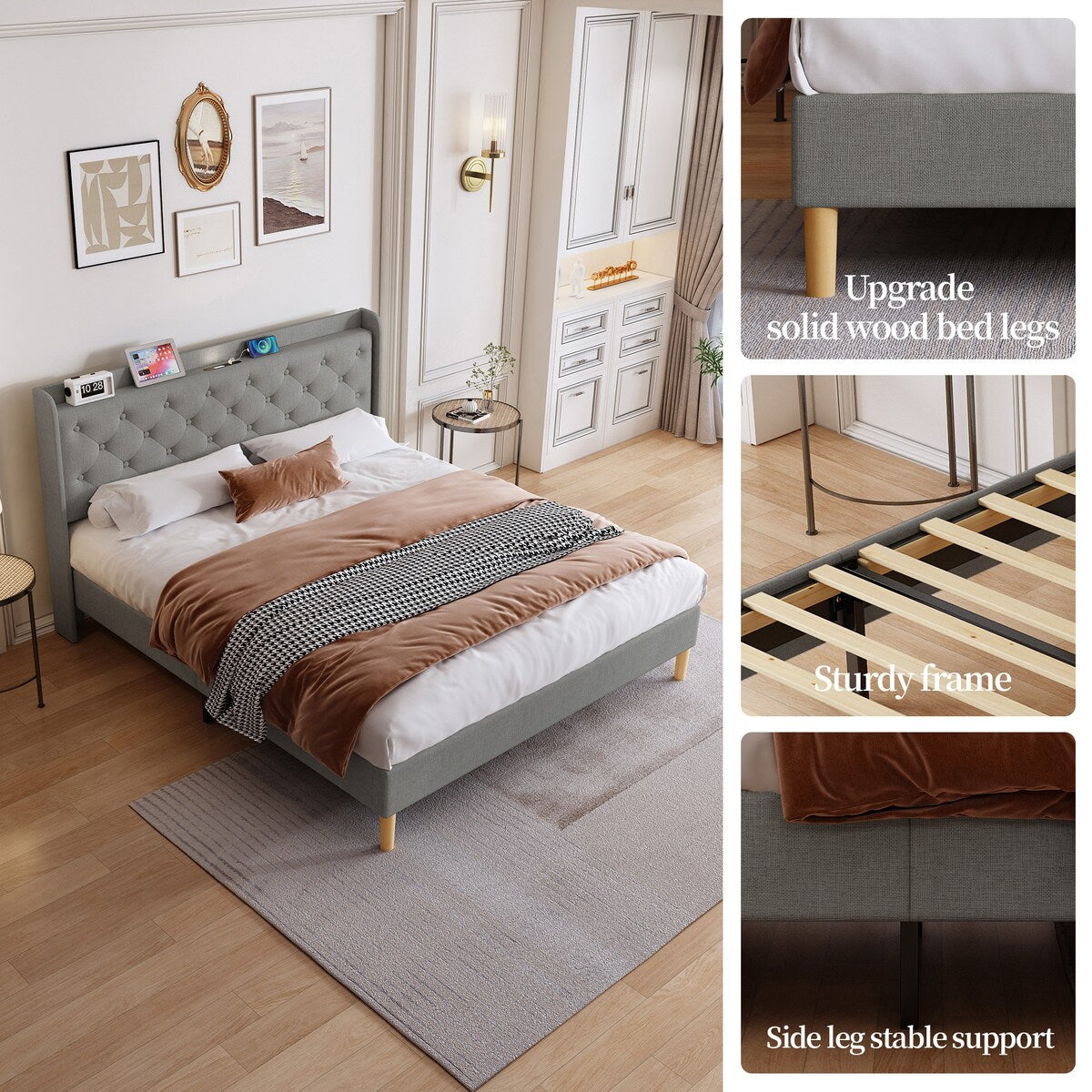 Queen Size Platform Bed With LED Lights,Cotton and Linen Fabric