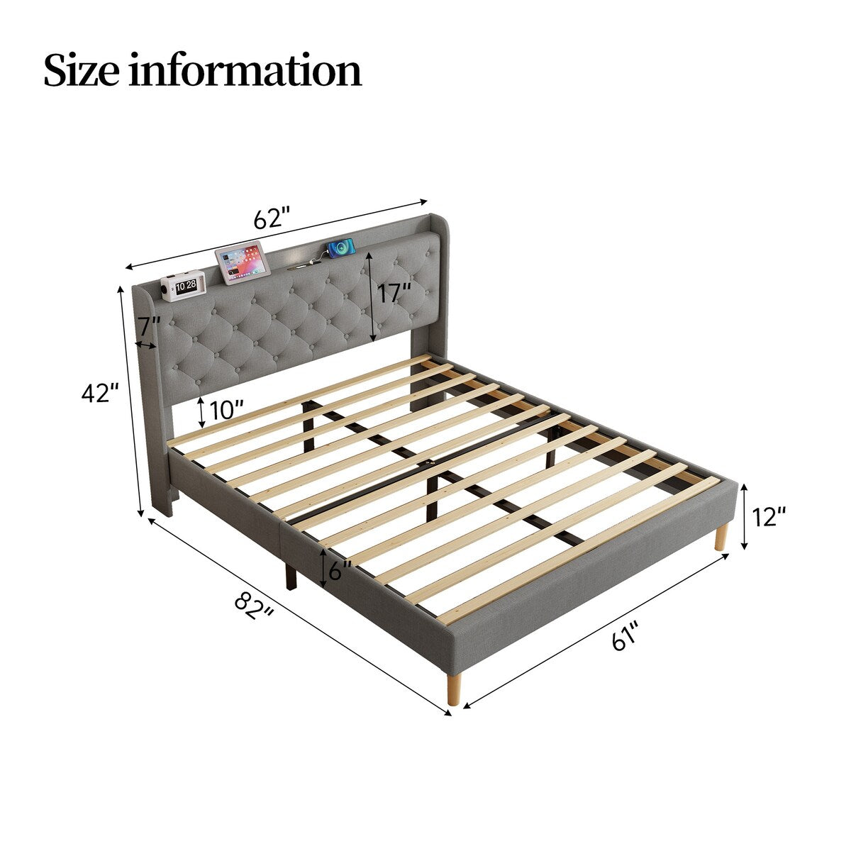 Queen Size Platform Bed With LED Lights,Cotton and Linen Fabric